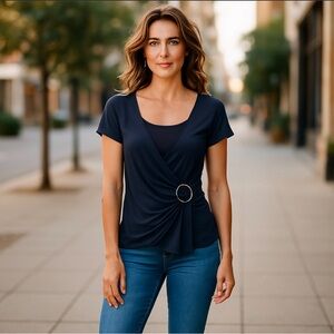 Jason Maxwell Black Wrap Blouse with Short Sleeves